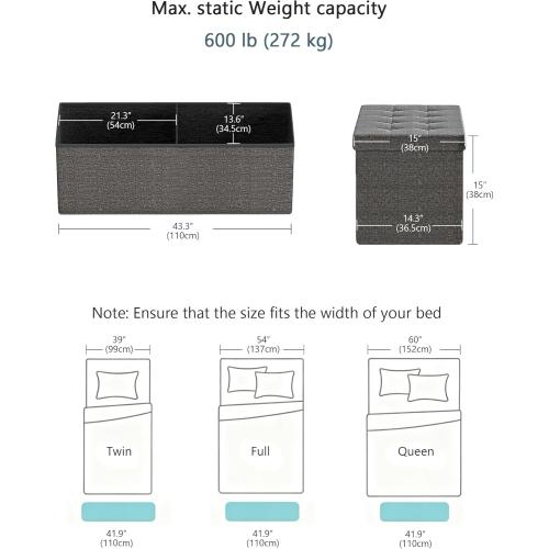 GLAXYFUR 43.3 inches Folding Storage Ottoman Bench Storage Chest Footrest for Bedroom, Entryway and Living Room, Holds up to 660 lb Dark Grey