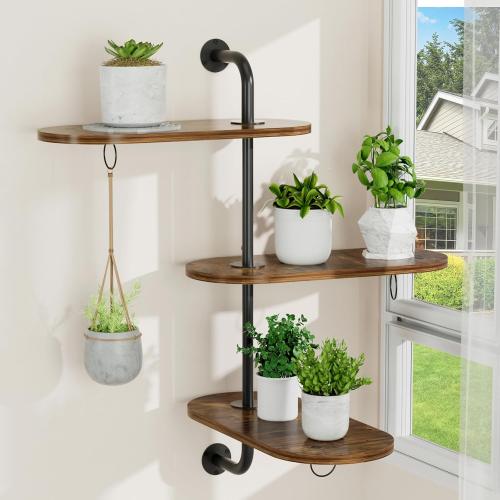 Rotating Window Plant Shelves with 3 Anti-slip Mats, 3 Tier Plant Stand Indoor Outdoor, Wooden Window Plant Shelf with 3 Circle Hook, Hanging Plant Holder for Window, Potted Plants, Flowerpots (Antique Color, 3 Tier)