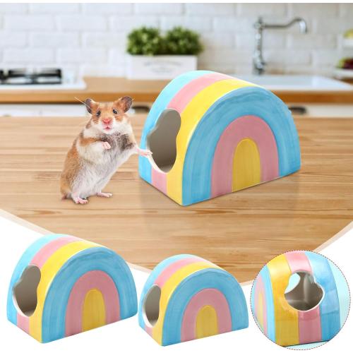 Ceramic Hamster Hideaway Colorful Rainbow House with Double Doors Mini Hut Sleeping Nest Hideout Cave Cage Accessories Small Animal Habitat Decor for Dwarf Hamsters Hedgehog (5.23 × 3.26 × 3.26 Inch)