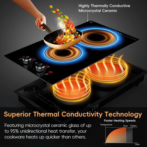 2 Burner Electric Cooktop 220-240V, 3000W Radiant Electric Stove Top with Built-in Design, 12 inch Knob Control Ceramic Cooktop with Safety Lock, 9 Level Power, Timer - Hard Wire