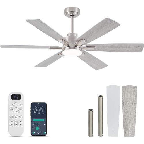 OURSTAR Ceiling Fans with Lights and Remote Control, Brushed Nickel Ceiling Fan with Light 3-Color Dimmable, Memory for Lighting and Fan Reversible, 6-Speed, Timer, Indoor/Outdoor Use, 52 Inch