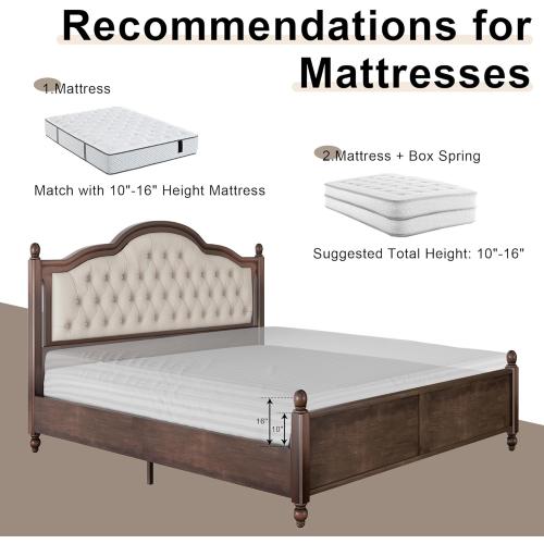 AMERLIFE Size Queen Color brown  Solid Wood Bed Frame Queen Size, Transitional Platform Bed with 52.5 Upholstered Tufted Headboard, Rubberwood/Roman Column Accents/Wood Slat Support/No Box Spring Needed