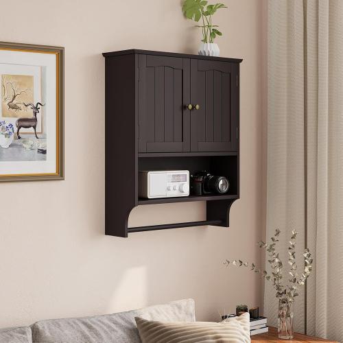 Smuxee Brown Wall Cabinet with Towel Bar - Medicine Cabinet with Adjustable Shelves, Over Toilet Cabinet for Laundry Room Kitchen