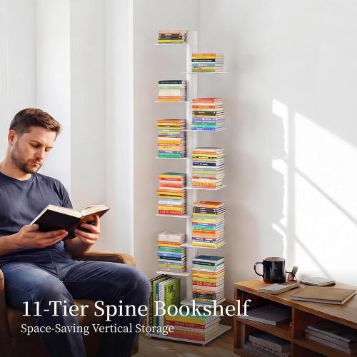 Suchtale 11-Tier Spine Bookshelf, Tall Slim Vertical Book Tower, White | Narrow Design Maximizes Vertical Storage in Small Spaces. Adjustable Shelf Directions Fit Living Rooms, Bedrooms and Offices.