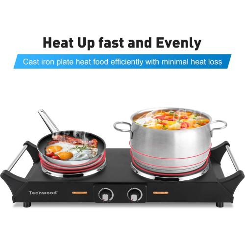 Techwood 1800W Hot Plate Portable Electric Stove Countertop Double Burner with Adjustable Temperature & Stay Cool Handles, 7.5” Cooktop for RV/Home/Camp, Compatible for All Cookwares