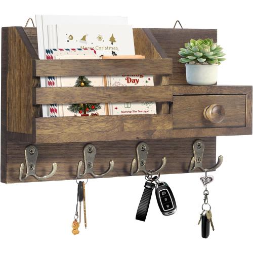 Key Holder Wall Mount, Wooden Adhesive Mail and Key Organizer with Drawer, Small Shelf, 8 Hooks, 2 Installation Methods, Brown