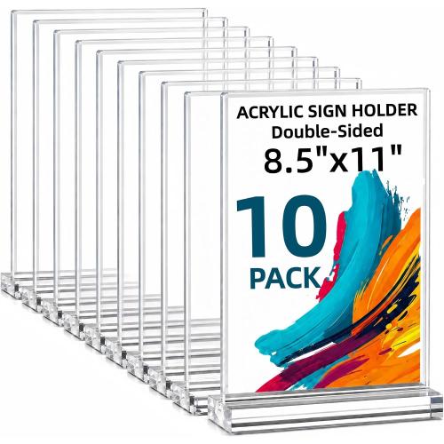 Amzlink® 10 Pack Acrylic Sign Holder 8.5 x 11, Double Sided Clear Tabletop Display Stand with T-Shaped Base, Plastic Table Sign Holder for Menus Flyers, Brochures, Table Numbers, Picture Frames, Restaurant, Office, Retail, Wedding & Party Decoration