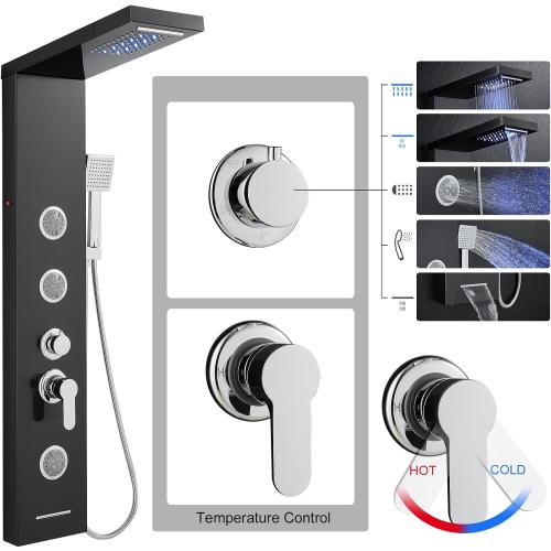 Multi-Function LED Lights Shower Panel System Black, 5 in 1 Shower Panel Include Rainfall & Waterfall Shower Head, 3 Pcs Adjustable Massage Jets, Handheld Shower, Tub Spout