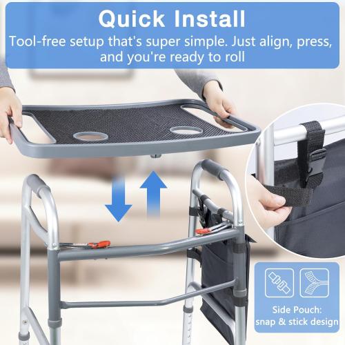 Walker Tray for Seniors with Dual Cup Holders, Side Pouch and Non-Slip Pad, Lightweight Durable Food & Drink Table, Compatible with Walker of 10210-1 Model (Gray)