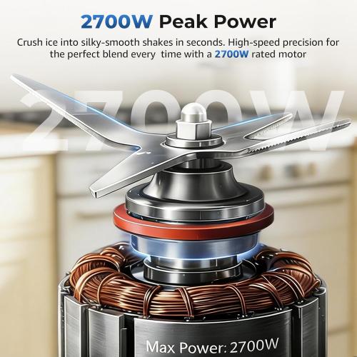 Home Blender, 2700W High-Speed Blender for Ice Crushing Power, Stainless Steel Blades, Kitchen Timer, 10 Speeds, 6 Programs for Smoothies, Frozen Drinks, Self-Cleaning, 64oz Bulk Production