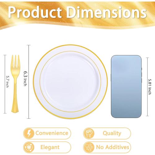 WELLIFE 240 Pcs Disposable Dessert Plates with Gold Plastic Forks, 120 White 6.5 Inch Appetizer Cake Salad Plates with Gold Rim, Party Tableware Set for 120 Guests, Wedding, Birthday, Catering