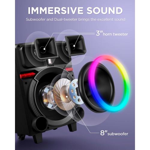 HEARTSEA Karaoke Machine, 8 Woofer Portable PA System, Bluetooth Speaker with 2 Wireless Microphones, Lyrics Display Tablet Holder, Party Lights & Echo/Treble/Bass Adjustment Support REC/AUX/USB/TF