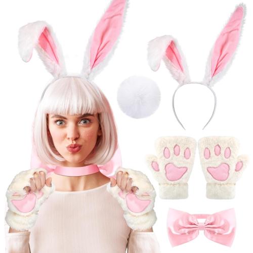 Halloween Womens Bunny Costume Accessories Set Bunny Ears Tail Gloves Bow Tie Rabbit Adult Costume