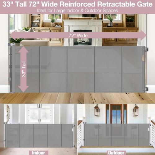 Reinforced 72 Wide Retractable Dog Gate with Support Rods - Prevent Crawling Under Extra Wide Baby Gate Retractable Gate Outdoor, Retractable Pet Gate Long Dog Gate, Mesh Gates for Kids or Pets, Gray