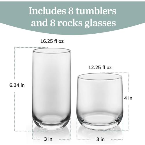 Libbey Ascent Tumbler and Rocks Drinking Glasses Set of 16, Glass Drinking Glasses with Curvature, Versatile Glassware Set for Parties and More