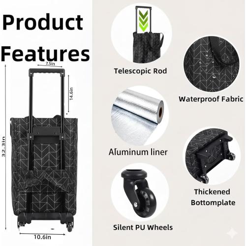 2-in-1 Foldable Shopping Bag with Wheels, Foldable Shopping Cart with Telescopic Handle, Reusable Eco-Friendly Shopping Bag for Women & Senior(Black Checkered Pattern)