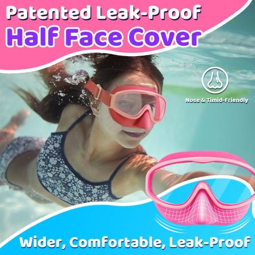 Vvinca Kids Goggles with Nose Cover Comfort Fabric Strap,Wide View Diving Mask Anti-Fog UV Swimming Goggles for Kids 3-12