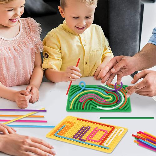 2pcs Sensory Activity Board, Double-Sided Silicone Fidget Toys for Kids 3  & Adults, Sensory Toys for Anxiety, ADHD, Autism, Calming, Includes Travel Bag & 20 Strings, Yellow & Green