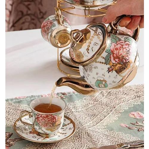 CHANJOON Gold Plated Red Rose Ceramic Tea Set, Vintage Teapot, Beautiful Tea Set Coffee Serving 6 People (Golden, large)