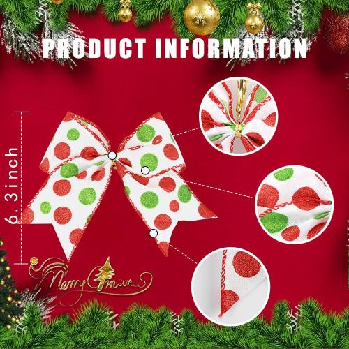 DIYDEC 12pcs Christmas Bows Decoration 6.3 Inch Large Christmas Wreath Bows Red Green Xmas Tree Bow Glitter Dot Bows Ribbons Ornaments for Garland Wedding Home Holiday Party