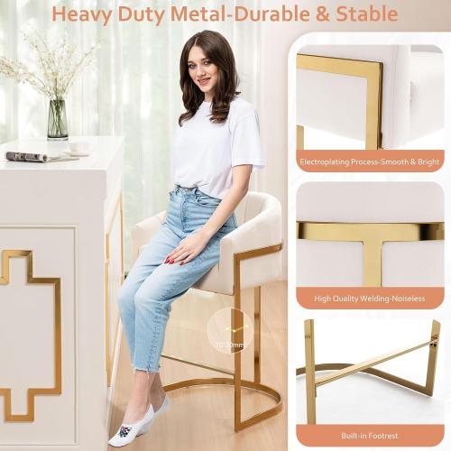 Set of 2 Size 27 Color beige and gold Counter Height Bar Stools Set of 2, Modern 27 H Barrel Counter Stools with Shell Back, Gold Velvet Bar Stools for Kitchen Island, Comfortable Velvet Upholstered Bar Stools with Backrest, Beige