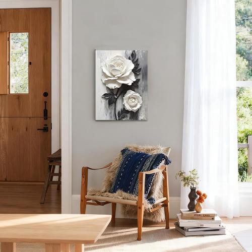 Framed Wall Art Canvas Wall Art White Rose Floral Framed Canvas Wall Single Piece Sculpture Wall Decor for Living Room Bedroom Office Modern Home Art Elegant Floral Art 12x16 Inch