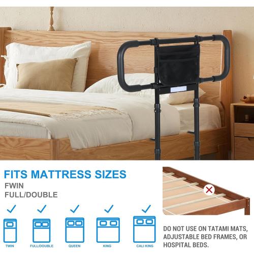 Bed Rails for Elderly Adults Safety - Elderly Assistance Products, Bedrails for Rlderly Adults Grab Bar Bed Handrails, Bed Rail with Pocket, Motion Sensor Light Fits King, Queen, Full, Twin (Black)