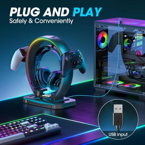 KDD RGB Headphone & Controller Stand with 9 Light Modes - Foldable Controller Hanger for Desk - Earphone Stand with Cable Organizer - for Gamers Desktop Accessories