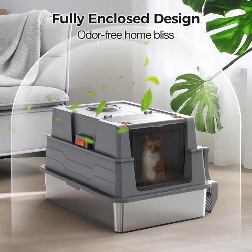 XXXL Stainless Steel Litter Box with Lid,28 L x 20.5 W x 16.5 H Extra Large Cat Litter Box Enclosure for Large and Multi-Cats Families,Non-Sticky, Anti-Leakage, Easy to Clean(Gray)
