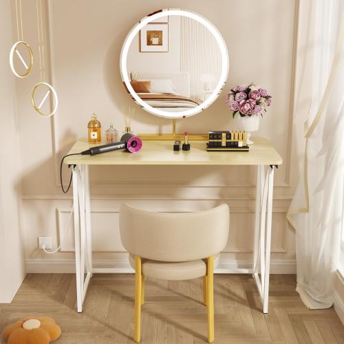 Folding Table, 31.5 Small Desk for Bedroom with Power Outlet, Space Saving Foldable Computer Desk for Home Office, Easy Assembly, Beige