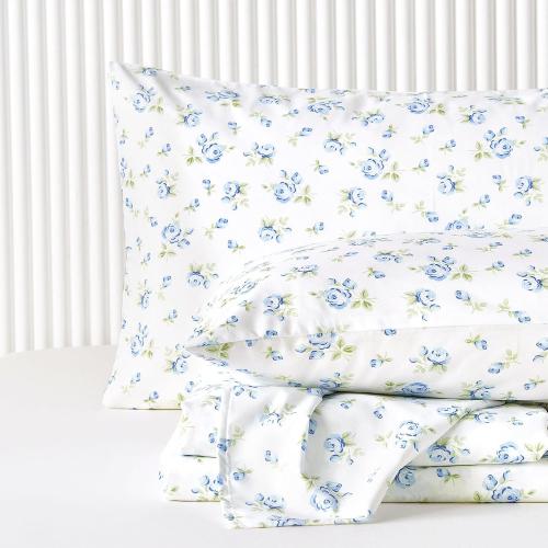 MISSING SHEETS FITTED AND TOP Wake In Cloud - Floral Bed Sheets, 4-Piece Sheet Set, Shabby Chic Flower Rose Pattern Printed Coquette Cottagecore Vintage Aesthetic Bedding, Deep Pocket, White Blue, Full Size
