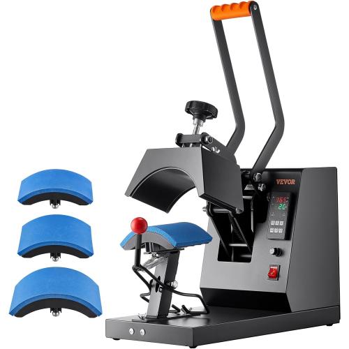 VEVOR 4-in-1 Heat Press Machine for Hats with 6x3inches Curved Teflon-Coated Heat Plate, Easy Temperature Control Non-Slip Base, Four Replaceable Elements 6x3/6.7x2.7/6.7x3.8/8.1x3.5inches