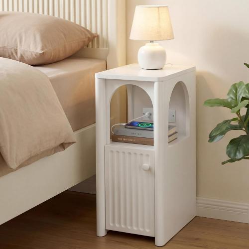 White Narrow Nightstand with Charging Station Skinny Bedside Table | Slim Wood Side Table, Mid Century Modern Fluted End Table with Cabinet, Thin Organiser Storage for Bedroom Small Spaces