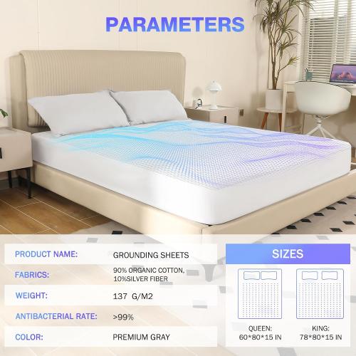 Grounding Sheets King Size, Grounded Fitted Bed Sheet 10% Pure Silver Fiber   90% Organic Cotton Bed Grounding Kit with grounding Cord for Improved Sleep & Wellness (White,King- 80x78x15)