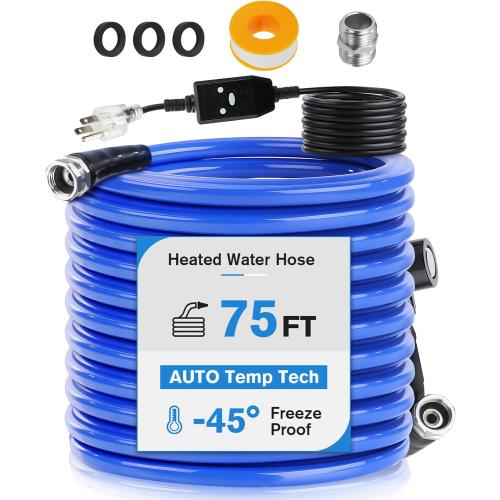 75FT Drinking Water Hose, Drinking Water Safe & -45°F 2 in 1 Heated Anti-Freeze Technology, Smart Auto-Thermostat Garden Water Hose No Lead, No BPA for Camper, Marine & Home Use