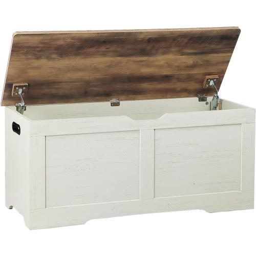 39.4 Storage Chest, Wooden Storage Bench, Lift Top Toy Chest | Large Toy Box with 2 Safety Hinges, Entryway Bench for Bedroom, Living Room, Brown and Rustic White
