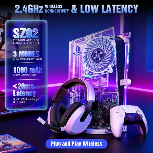 Wireless Gaming Headset for PS5 PS4 PC Switch Mac - RGB Over-Ear Headphones with Noise Cancelling Mic, 60H Playtime, 7.1 Surround Sound, Bluetooth 5.4 & Memory Foam Ear Cushions
