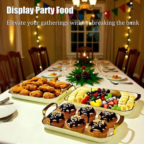 JEESA 3-Pack Serving Tray with Handles, Platters for Serving Food Turkey Cookie Appetizer Snack, Reusable Plastic, Stackable, for Holiday, Party, White