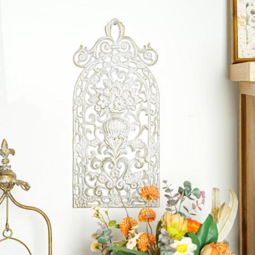 Sungmor Vintage Cast Iron Wall Plaque - Antique Style Carved Artwork, Decorative Metal Art Panel - Intricate Scroll and Floral Vase Design - Rustic Home & Garden Décor - 18 x 8, White