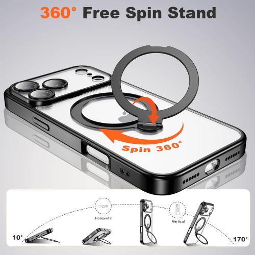 Compatible with iPhone 17 Pro Case with 360° Spin Magnetic Ring Stand [Compatible with Mag-Safe] Camera Lens Protector Plating Drop Clear Phone Case for iPhone 17 Pro 6.3, Black