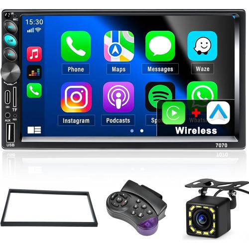 Double Din Car Stereo with Apple Carplay and Android Auto for Car Radio, Receivers Capacitive Touchscreen Car Stereo with Bluetooth, Mirror Link, FM, USB, TF, AUX, Type-C Charging, Backup Camera, SWC