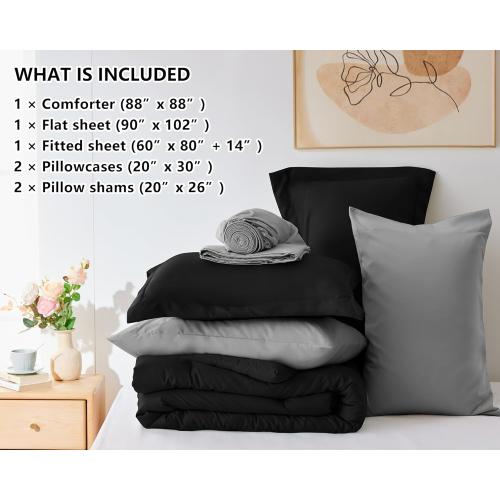 CozyLux Black Queen Comforter Set - 7 Piece Bed in a Bag Bedding Set with Comforter, Flat Sheets, Fitted Sheet, Pillowcases & Shams - Boho Contrasting Design Black and Grey