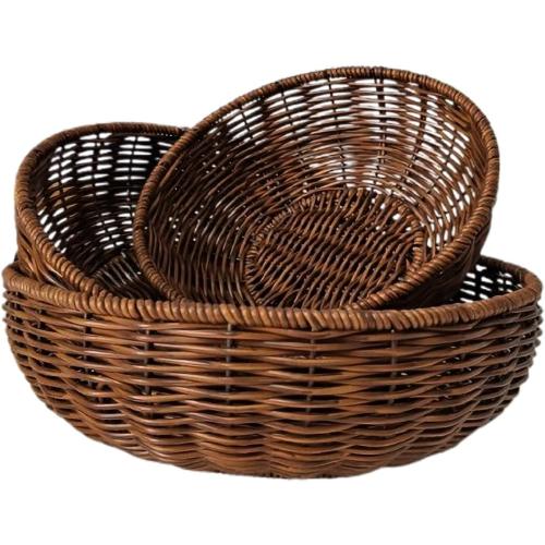 Set of 3 Small Round Wicker Baskets, Fruit Bread Baskets for Serving, Handwoven Rattan Bowl Storage Organizer for Kitchen Brown