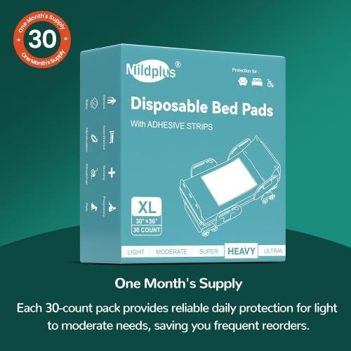 Bed Pads with Adhesive Strips 30''X36'', 30 Count | Extra Large XL Underpads | Secure & Waterproof Chucks for Incontinence Care | for Adults, Seniors, Kids & Pets