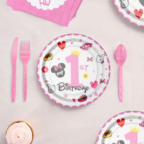 Minnie 1st Birthday Party Supplies - Minnie Theme Mouse Birthday Decorations Tableware, Plate, Cup, Napkin, Tablecloth, Cutlery, Straw, Pink Minnie First Birthday Party Supplies | Serve 24