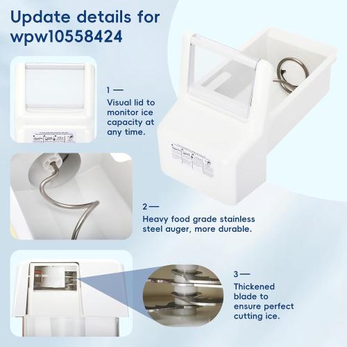 Upgraded WPW10558424 Refrigerator Ice Bucket for Whirlpool Ice Maker Replacement, Compatible with Whirlpool Kenmore Maytag Amana Ice Maker, WRS322FDAM04, WRS321SDHZ08, WRS321SDHZ05, WRS321SDHZ01