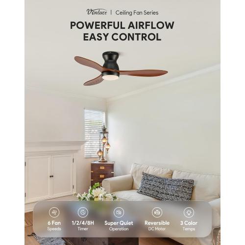 VONLUCE Ceiling Fans with Lights, 42 Inch Ceiling Fan and Remote, 6-Speeds Noiseless Reversible DC Motor, 3CCT, Wood Ceiling Fan for Farmhouse Bedroom Indoor Outdoor, Black