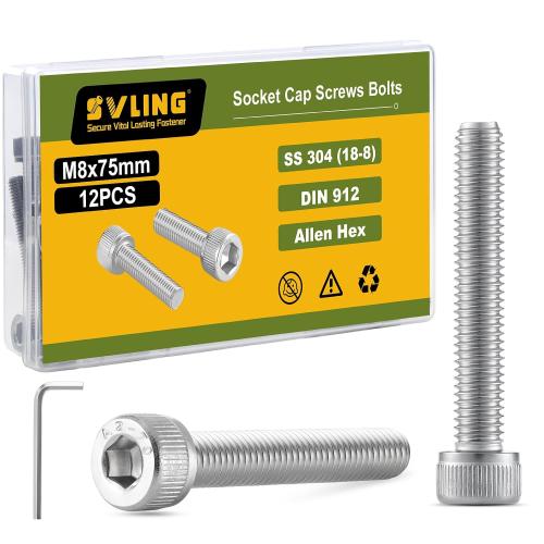 M8-1.25 x 75mm Bolt, 12PCS M8 Hex Socket Head Cap Screws Bolts, 304 Stainless Steel 18-8, Full Threads, Allen Socket Drive, with Hex Spanner