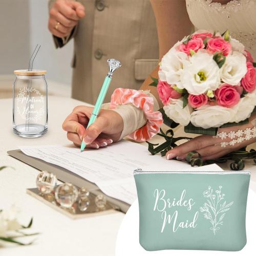 Irenare 48 Pcs 8 Set Bridesmaid Proposal Gifts Maid of Honor Gifts16oz Glass Cups Cosmetic Makeup Bags Invited Cards Scrunchies Hair Knotted Bracelets Diamond Pens(Classic Style,Green)