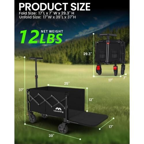 Color Black Collapsible Wagon, Foldable Wagon with Tailgate Extended, 360lbs Heavy Duty, Portable Lightweight Utility Wagon for Grocery, Camping, Garden, Sports, Black T